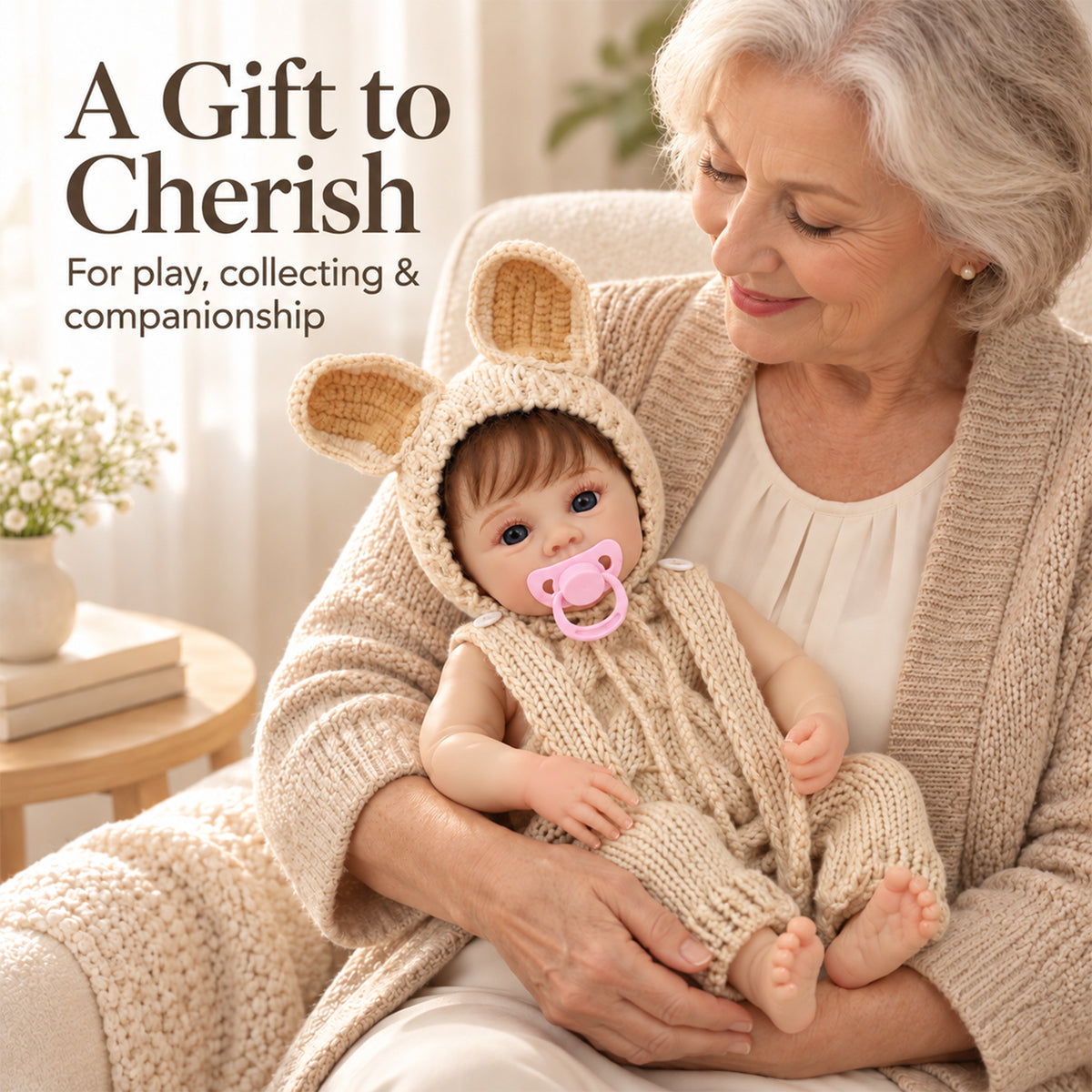 TOLIKE 18-Inch Reborn Baby Doll with Blue Eyes & Knit Bunny Outfit