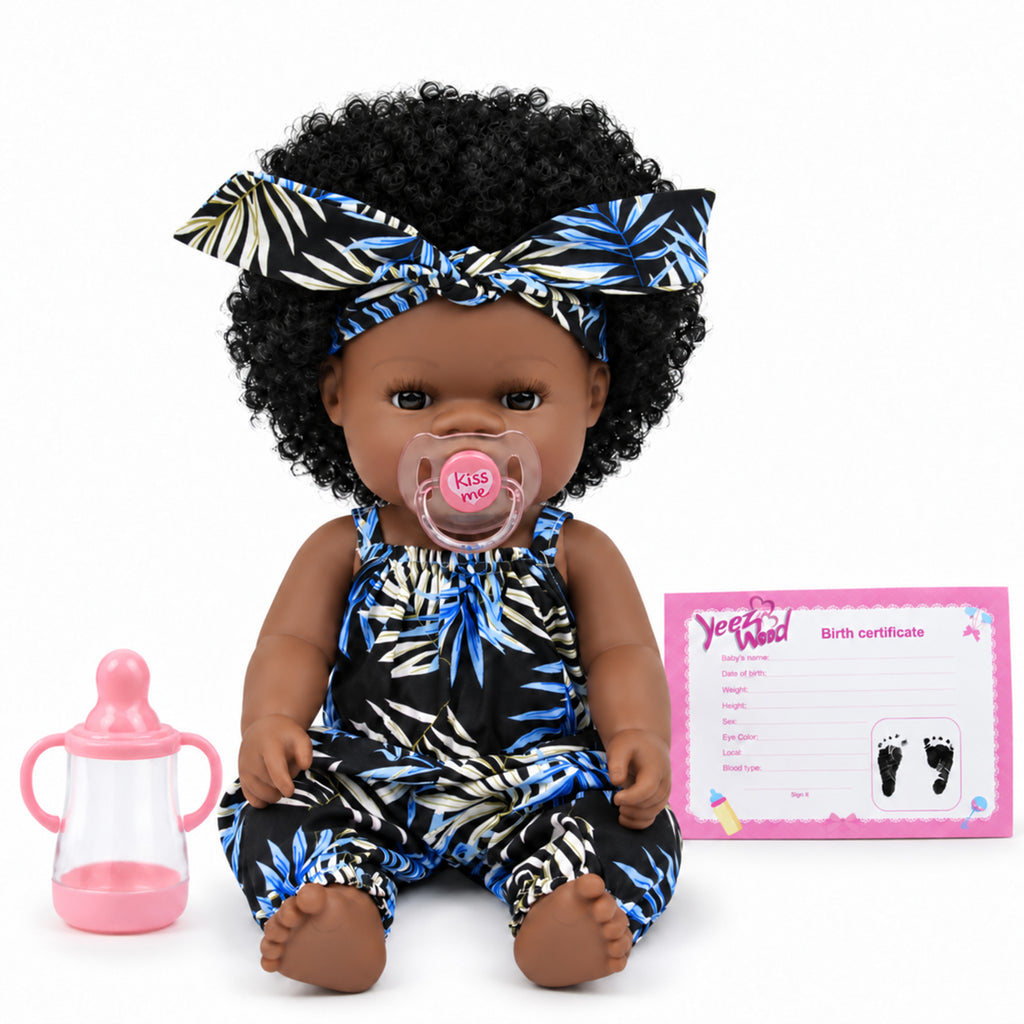 TOLIKE 14-Inch Curly Hair Baby Doll – Blue Leaf Outfit & Accessories
