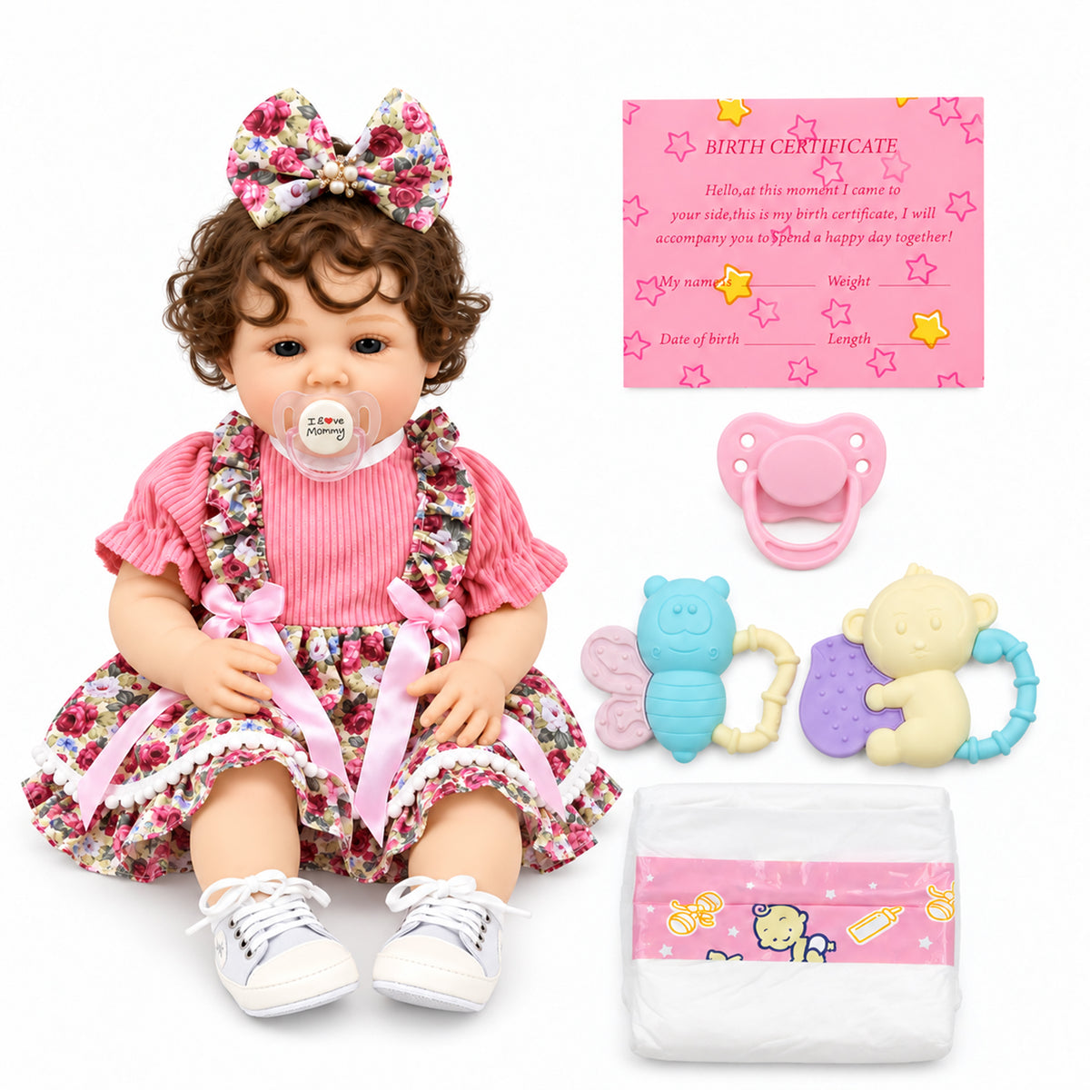 TOLIKE 22-Inch Reborn Baby Doll with Brown Curls & Floral Dress