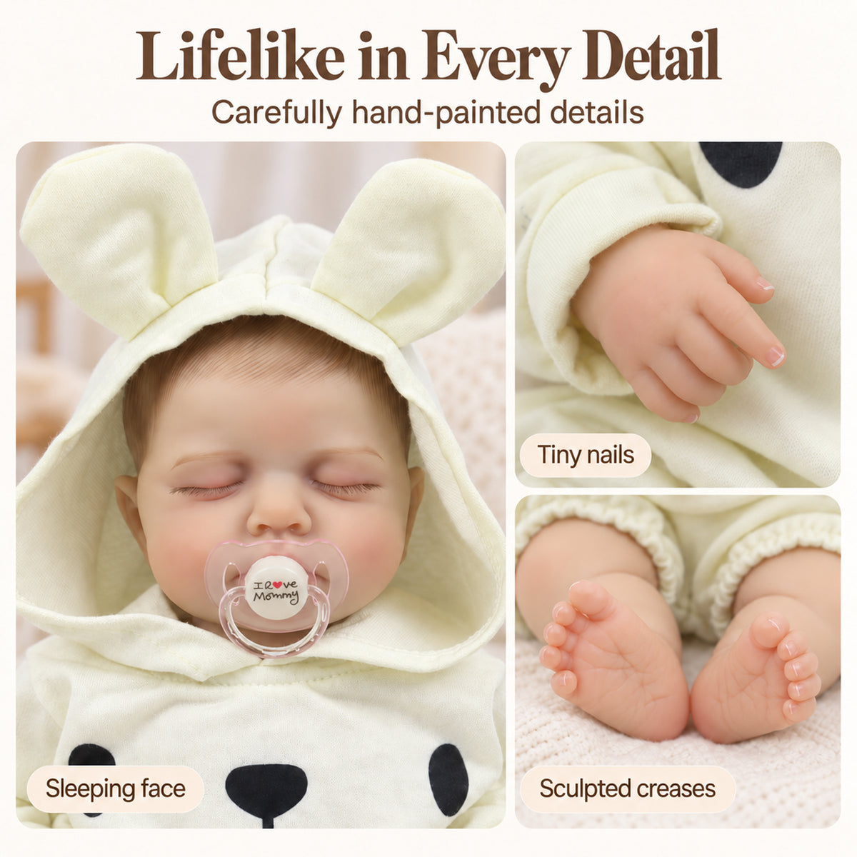 TOLIKE 18-Inch Sleeping Reborn Baby Doll in Bunny Hooded Romper