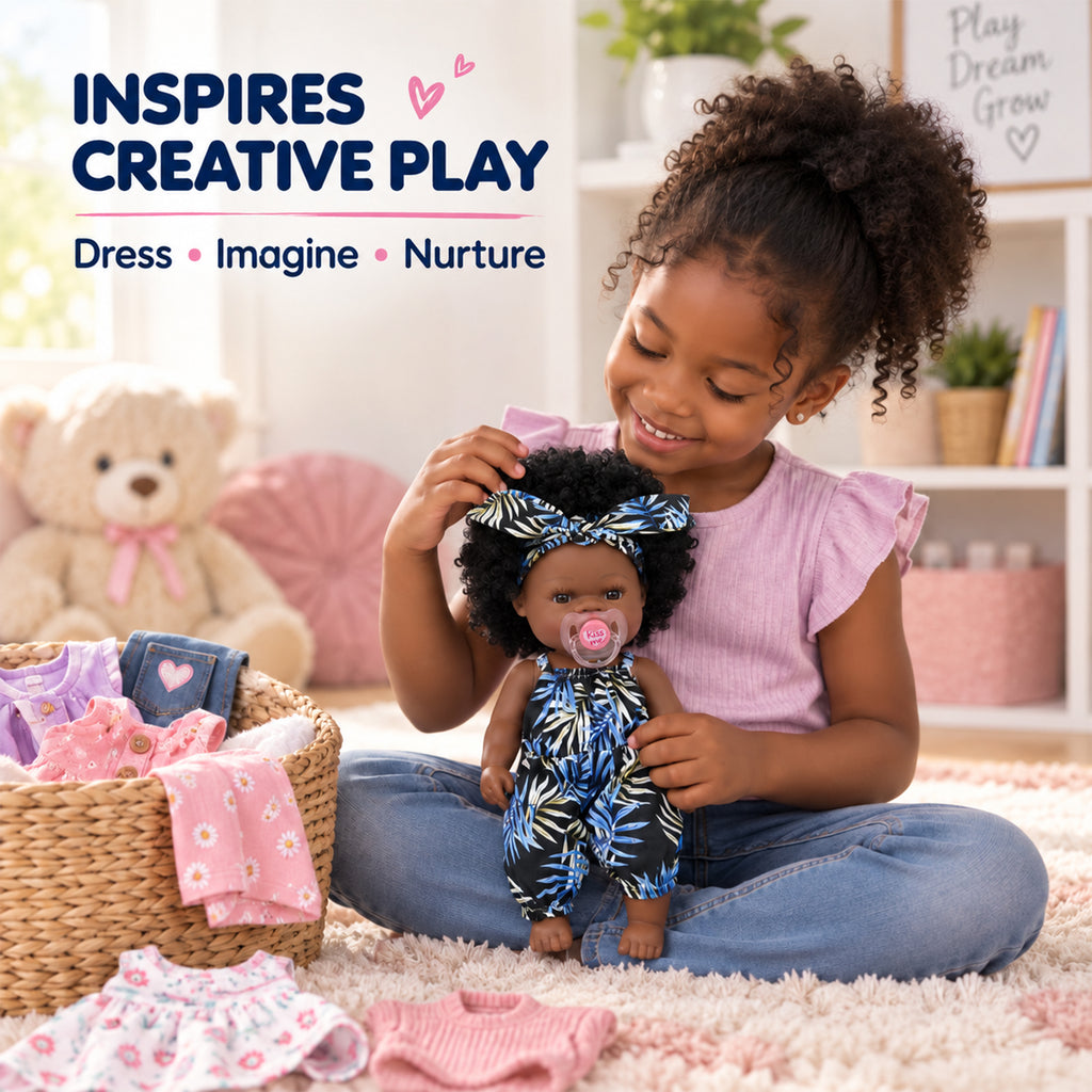 TOLIKE 14-Inch Curly Hair Baby Doll – Blue Leaf Outfit & Accessories