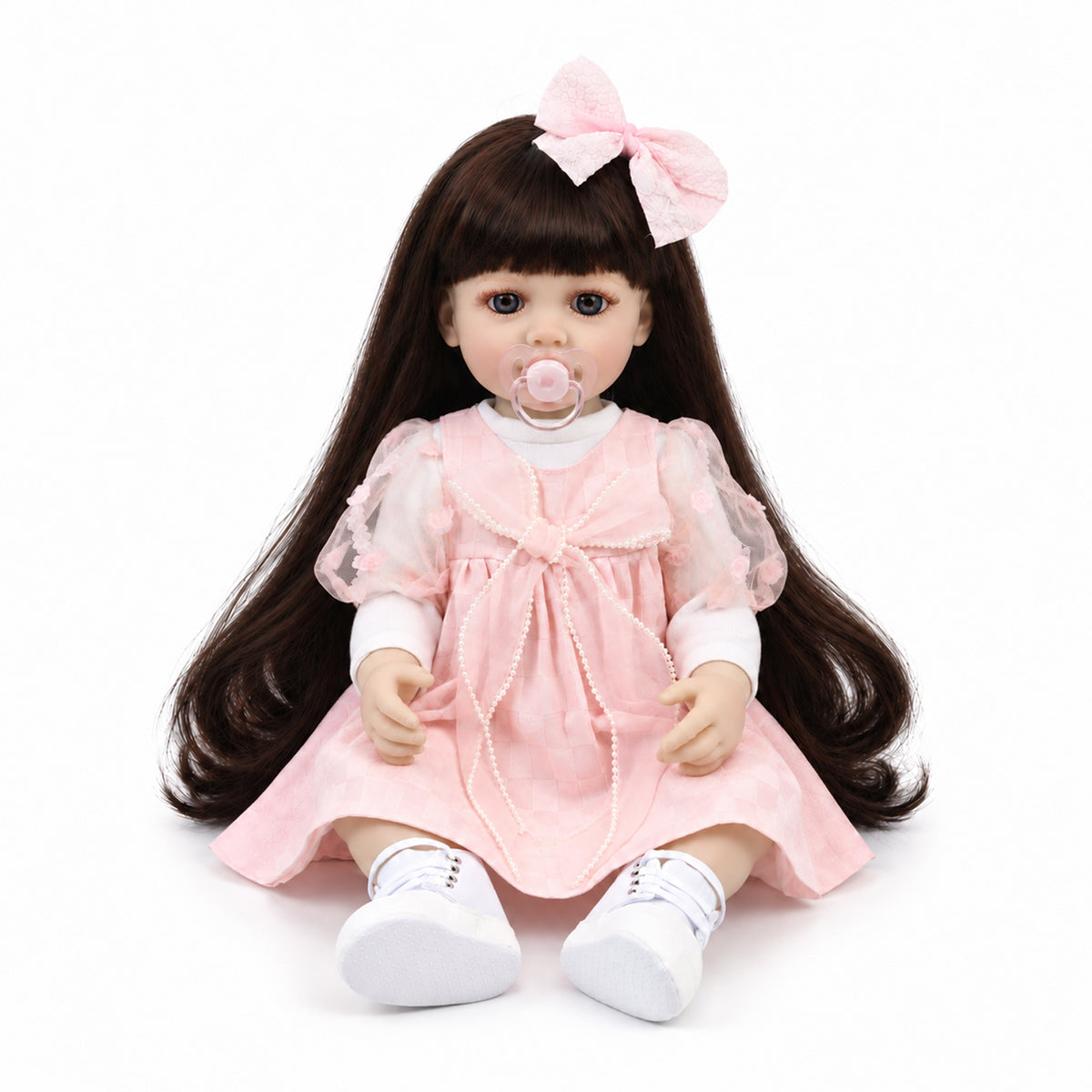 TOLIKE 22-Inch Reborn Girl Doll with Long Brown Hair & Pink Dress