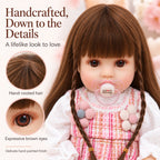 TOLIKE 18-Inch Long Brown Hair Reborn Baby Doll in Pink Plaid Outfit