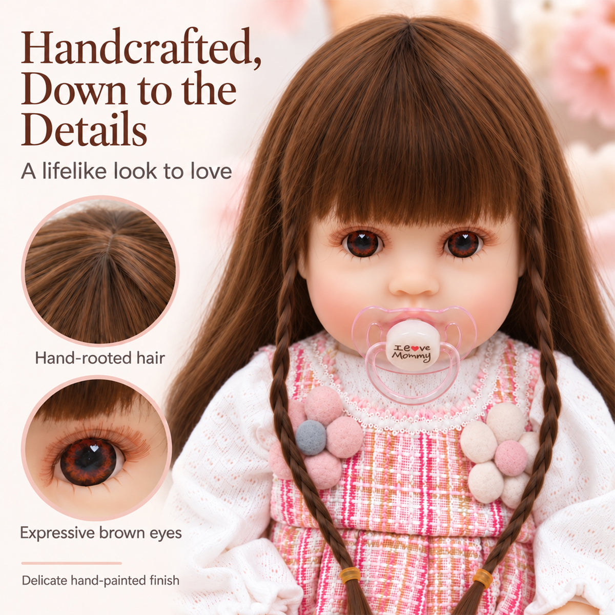 TOLIKE 18-Inch Long Brown Hair Reborn Baby Doll in Pink Plaid Outfit