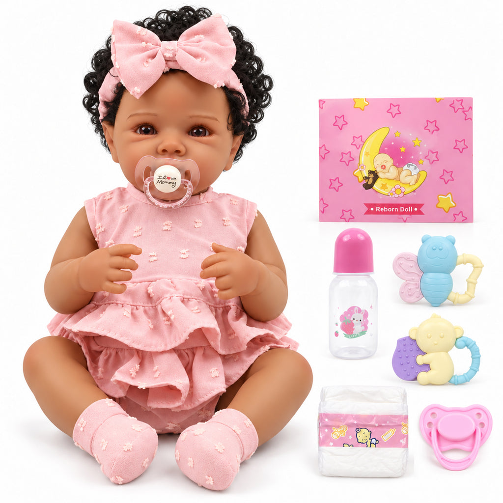 TOLIKE 18-Inch Curly-Hair Reborn Baby Doll in Pink Ruffle Outfit