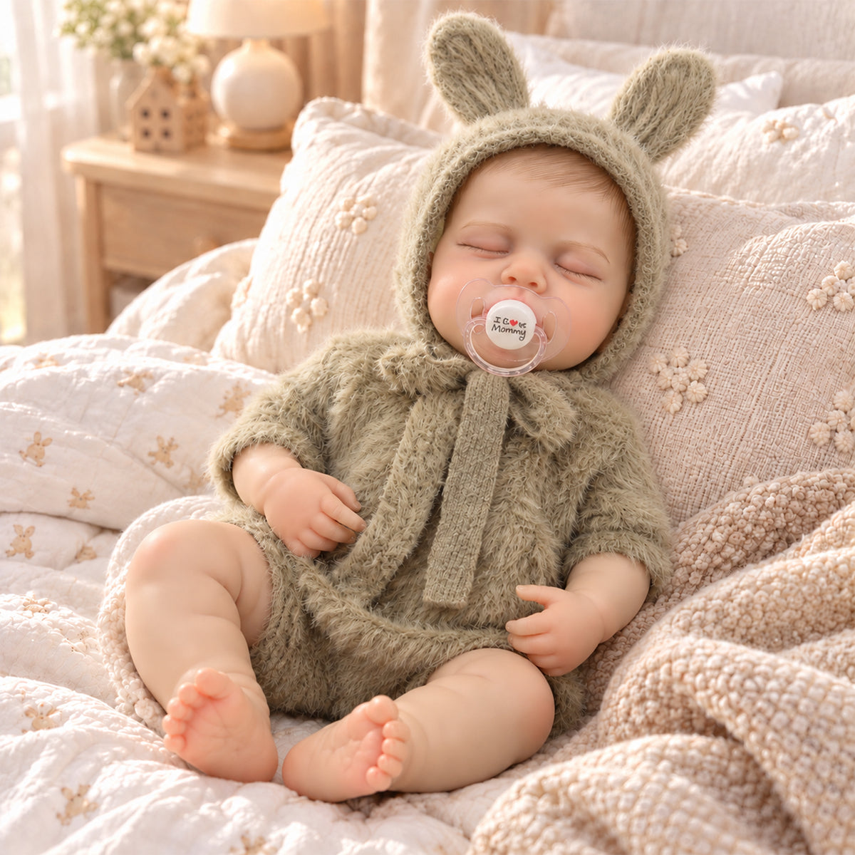 TOLIKE 18-Inch Sleeping Reborn Baby Doll in Fuzzy Knit Bunny Outfit