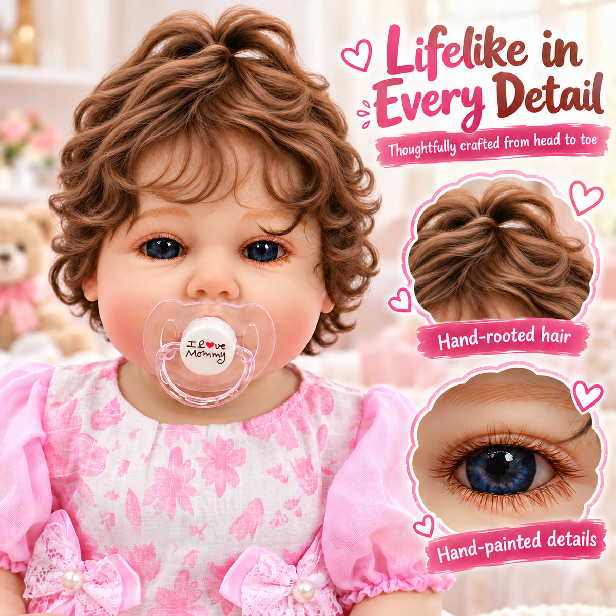 TOLIKE 22-Inch Reborn Baby Doll with Brown Curls & Pink Floral Dress