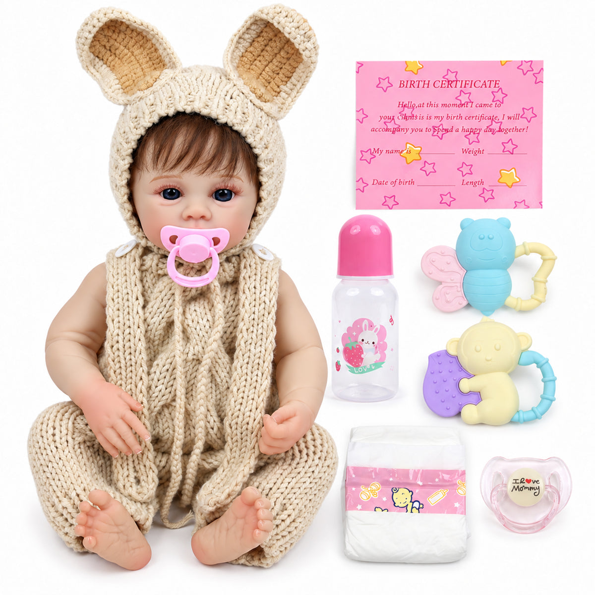 TOLIKE 18-Inch Reborn Baby Doll with Blue Eyes & Knit Bunny Outfit