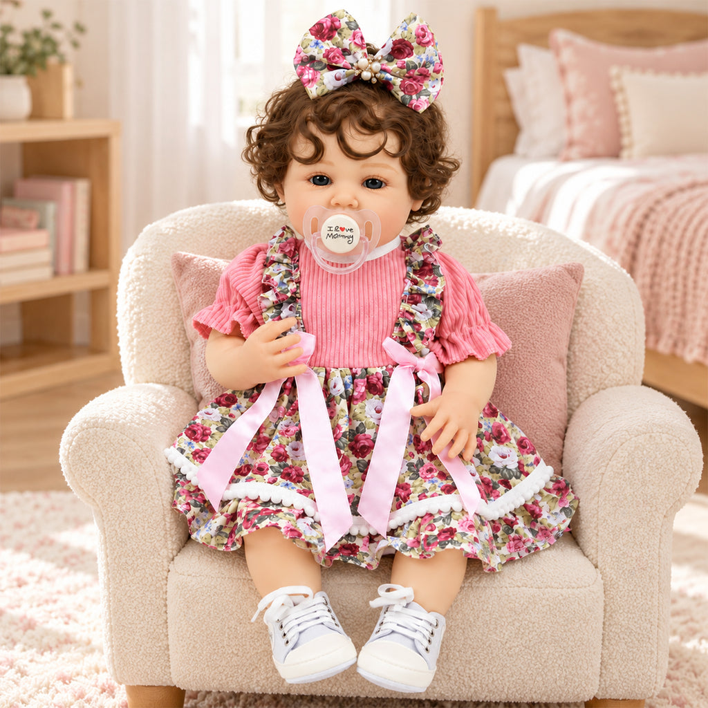 TOLIKE 22-Inch Reborn Baby Doll with Brown Curls & Floral Dress