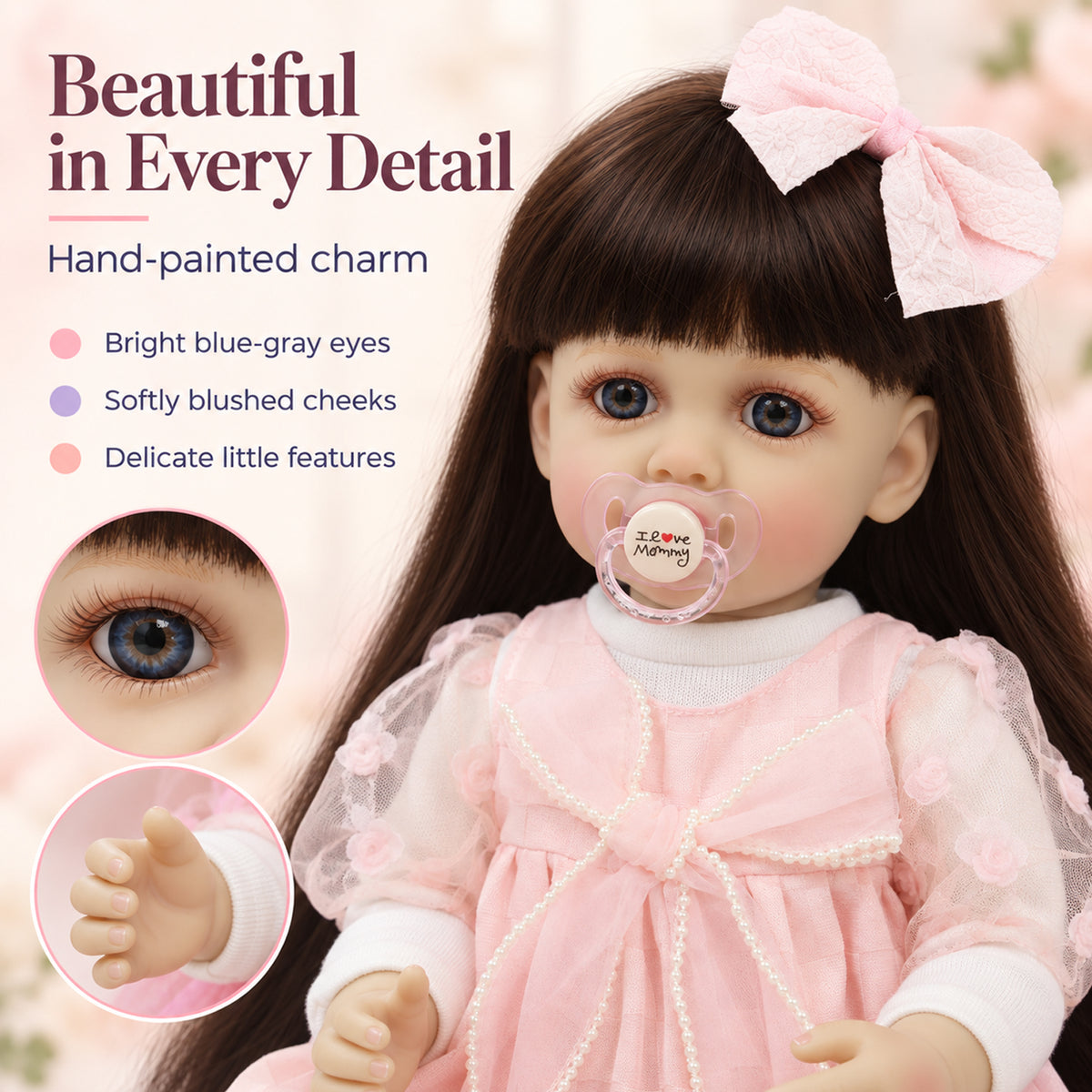 TOLIKE 22-Inch Reborn Girl Doll with Long Brown Hair & Pink Dress