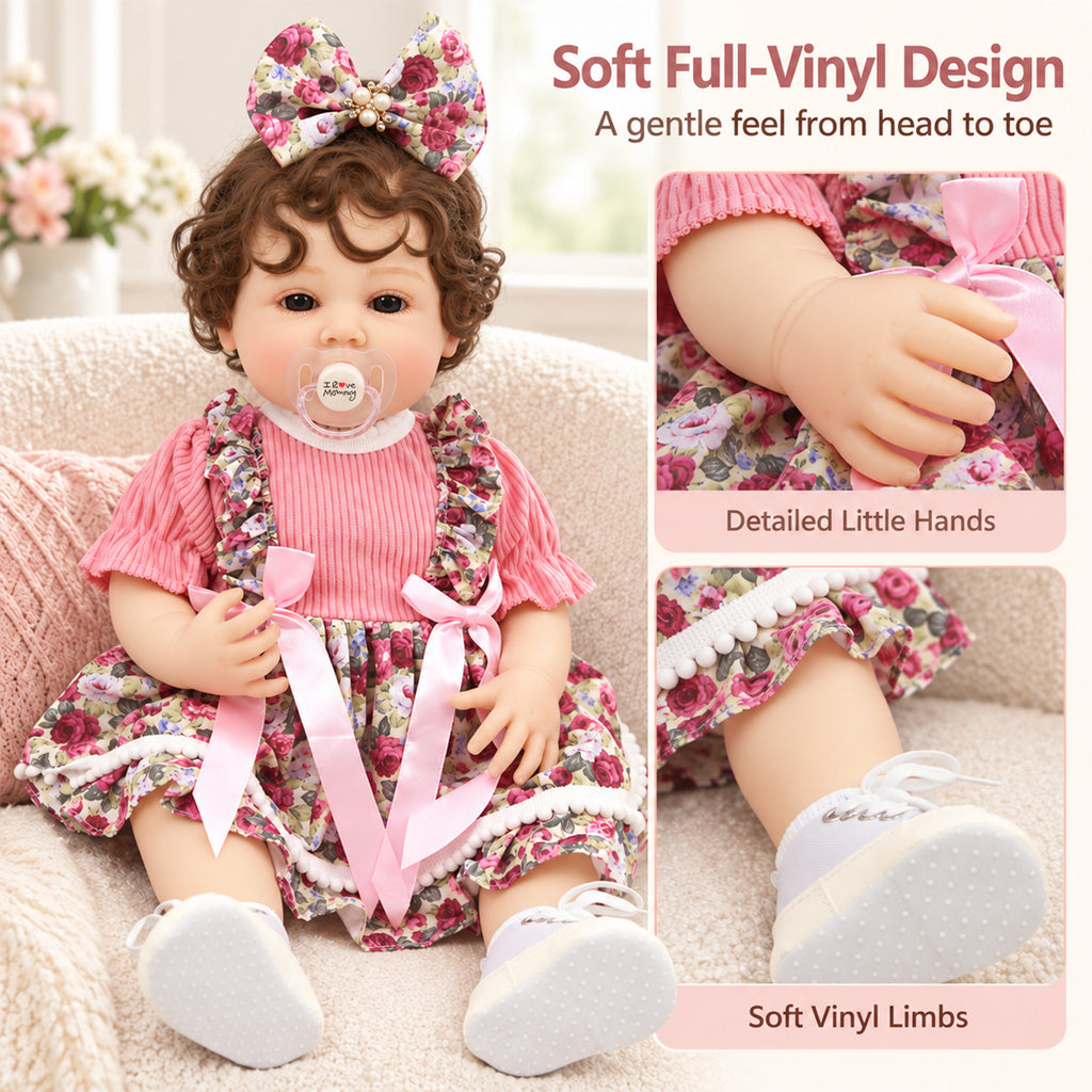 TOLIKE 22-Inch Reborn Baby Doll with Brown Curls & Floral Dress