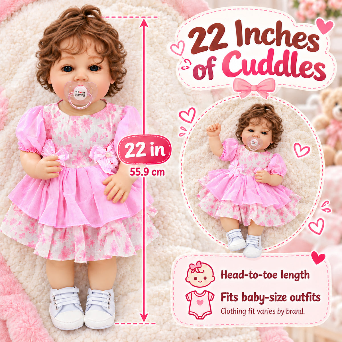 TOLIKE 22-Inch Reborn Baby Doll with Brown Curls & Pink Floral Dress