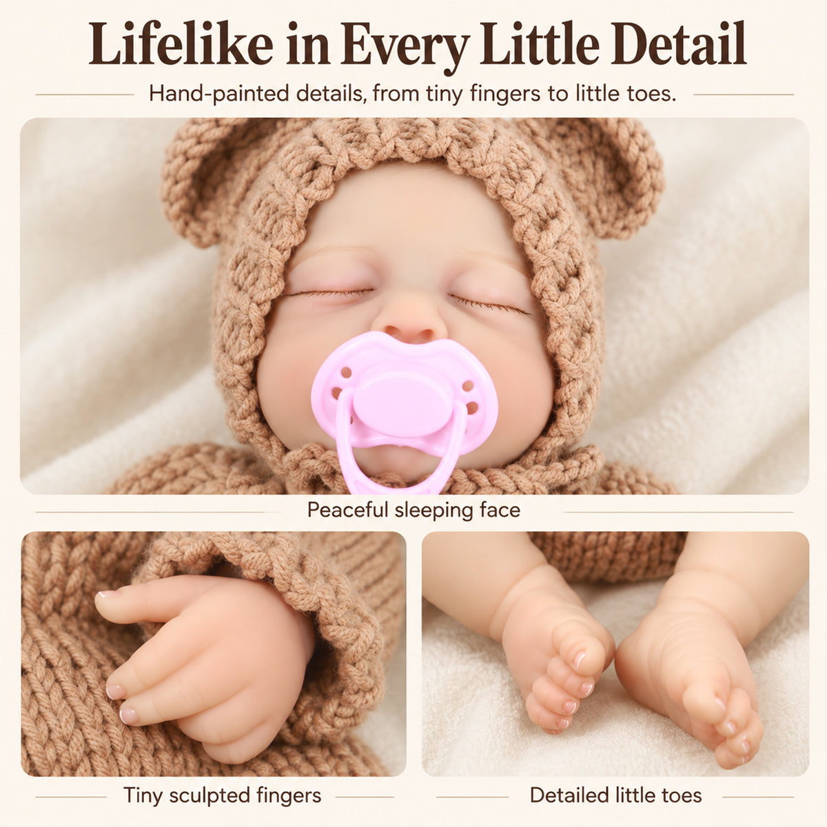 TOLIKE 18-Inch Sleeping Reborn Baby Doll in Knit Bear Outfit