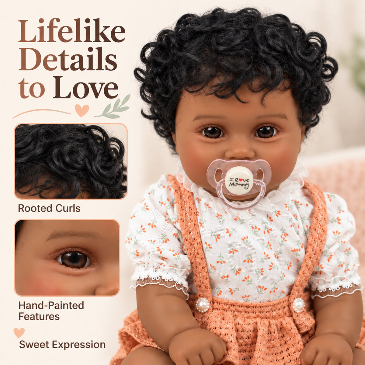 TOLIKE 20-Inch Reborn Baby Doll with Curly Hair & Peach Outfit