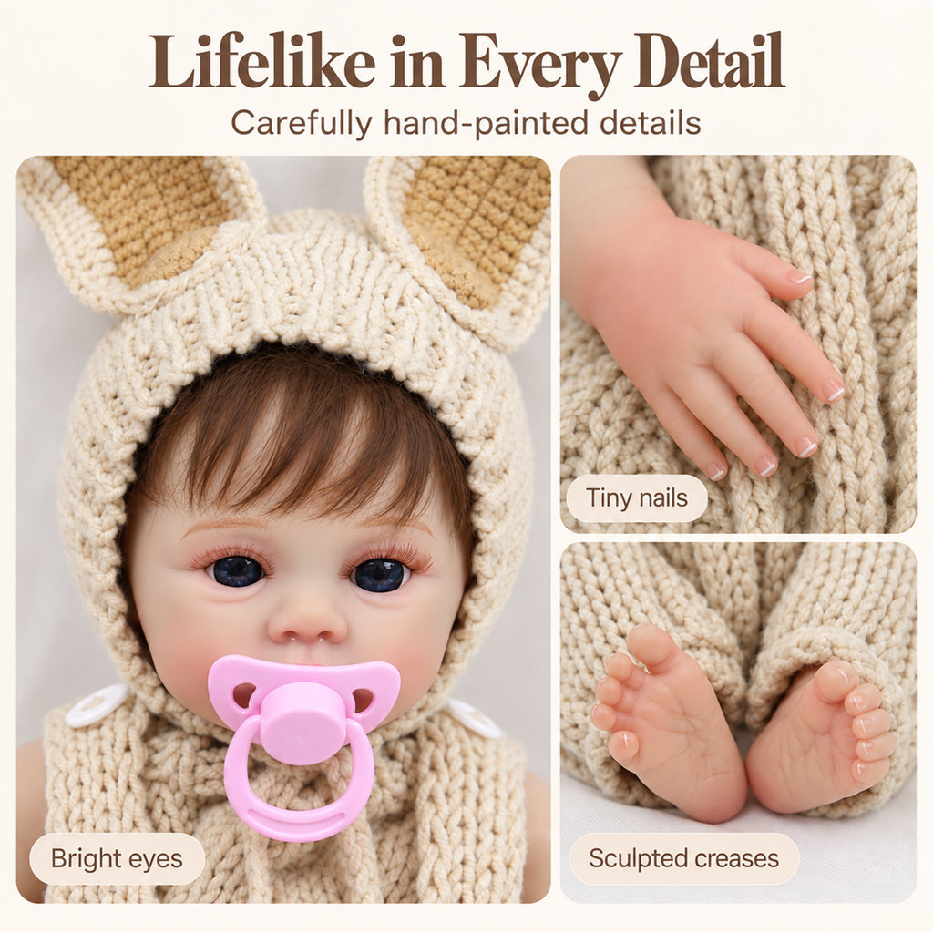TOLIKE 18-Inch Reborn Baby Doll with Blue Eyes & Knit Bunny Outfit