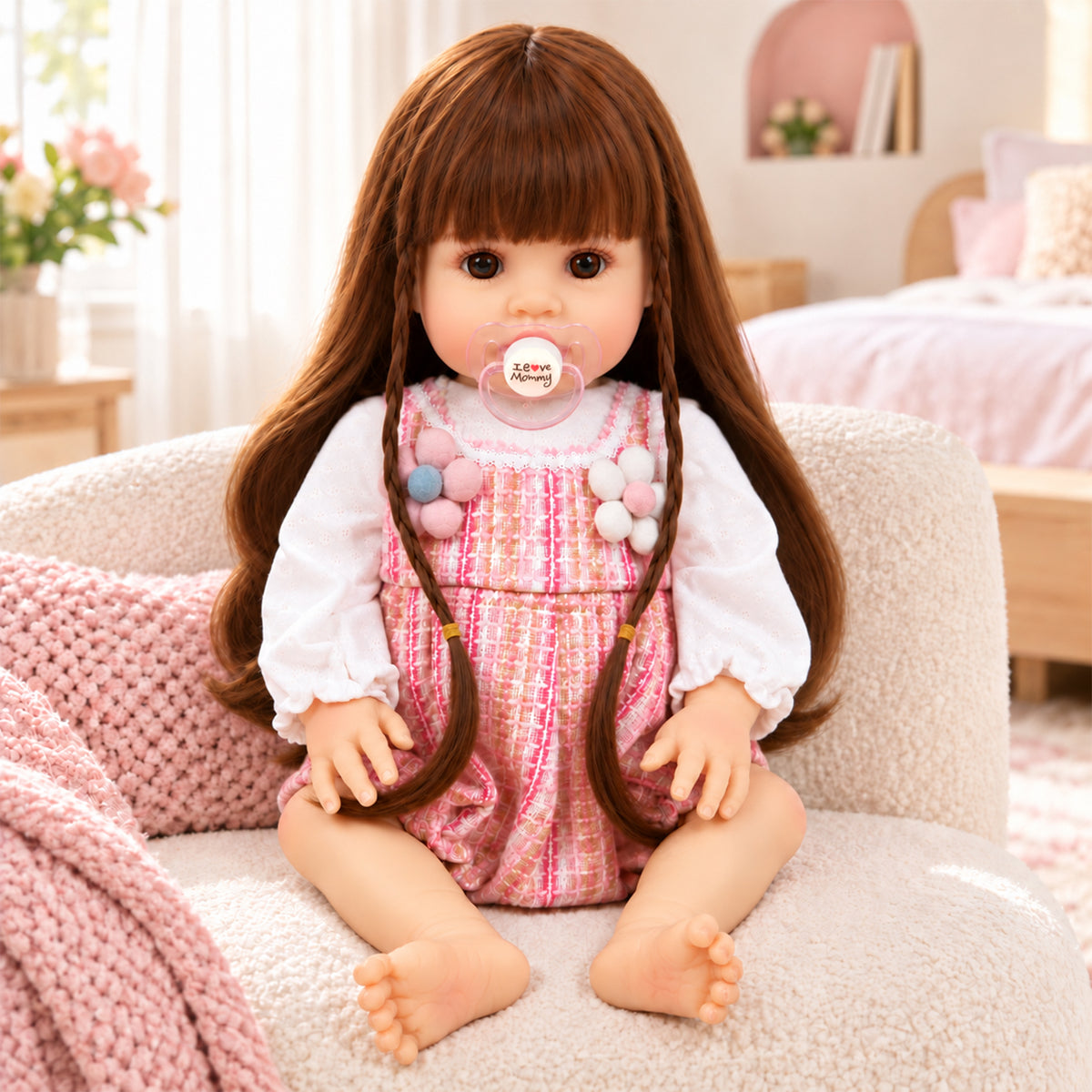 TOLIKE 18-Inch Long Brown Hair Reborn Baby Doll in Pink Plaid Outfit