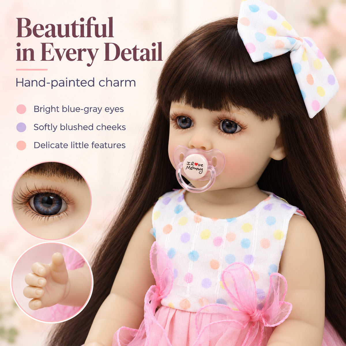 TOLIKE 22-Inch Reborn Girl Doll with Long Hair & Polka Dot Dress