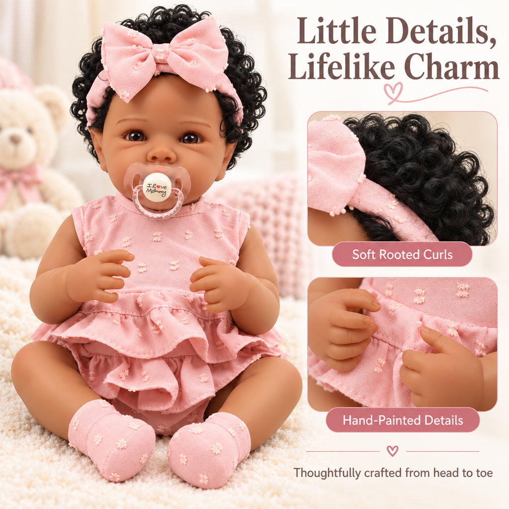 TOLIKE 18-Inch Curly-Hair Reborn Baby Doll in Pink Ruffle Outfit