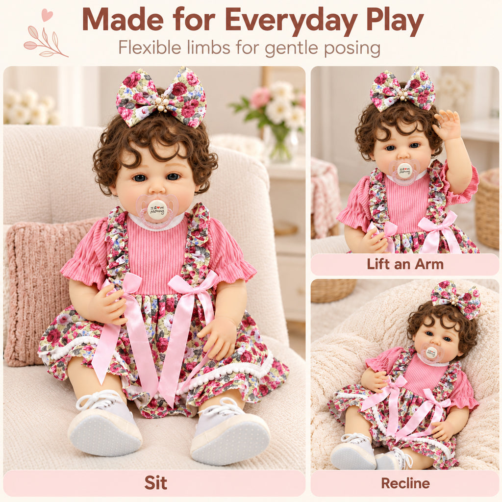 TOLIKE 22-Inch Reborn Baby Doll with Brown Curls & Floral Dress