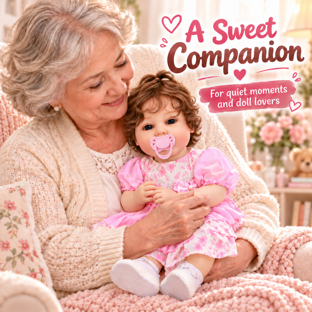 TOLIKE 22-Inch Reborn Baby Doll with Brown Curls & Pink Floral Dress