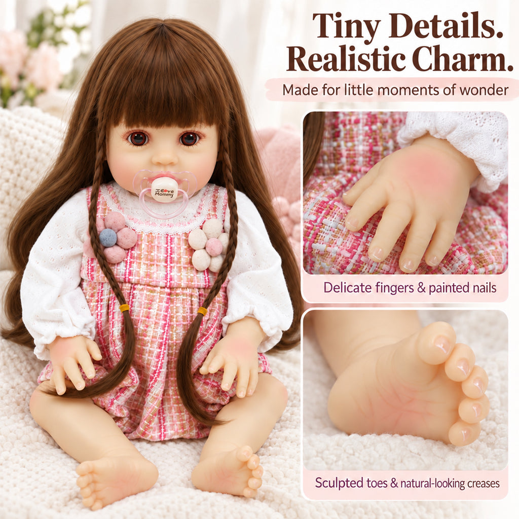 TOLIKE 18-Inch Long Brown Hair Reborn Baby Doll in Pink Plaid Outfit