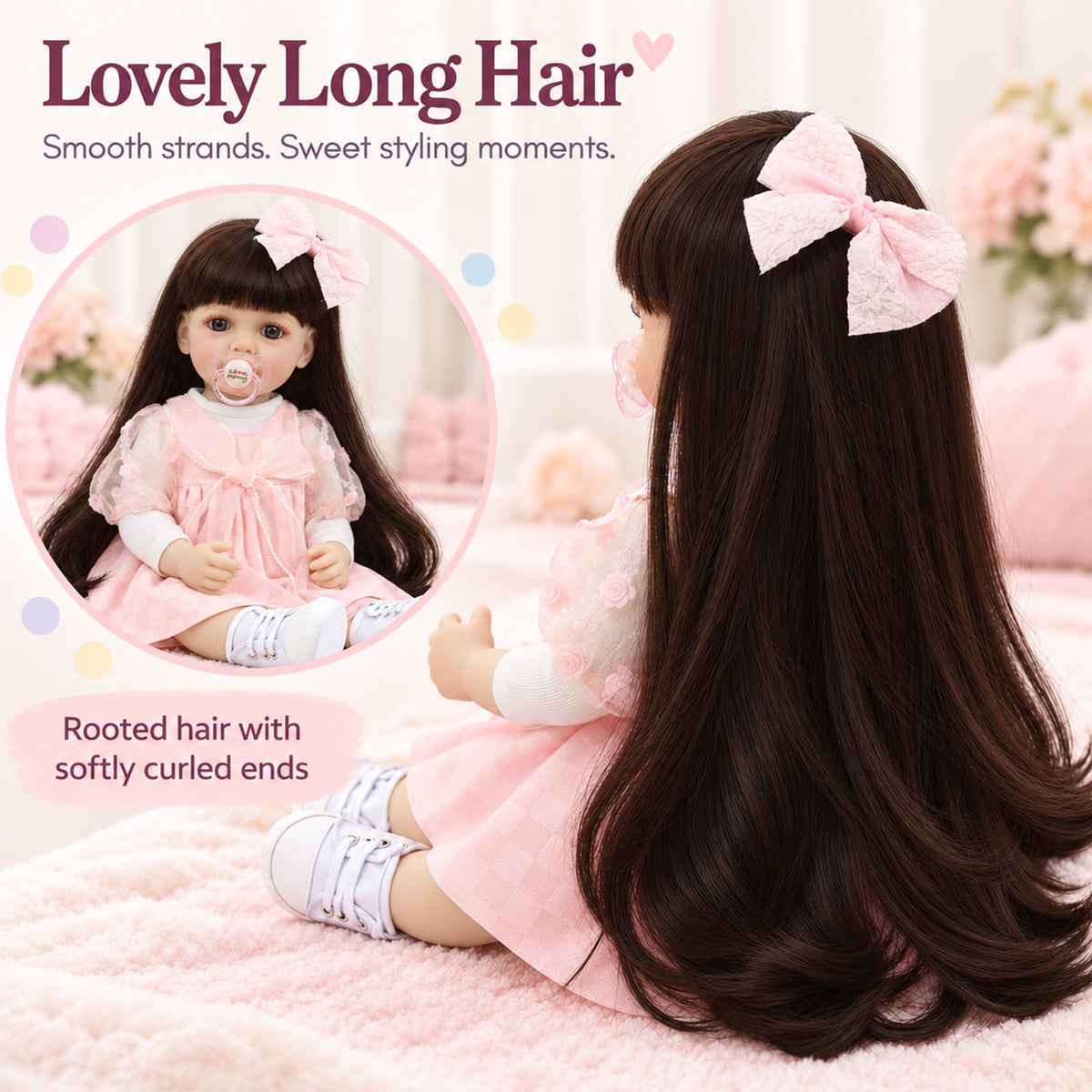 TOLIKE 22-Inch Reborn Girl Doll with Long Brown Hair & Pink Dress