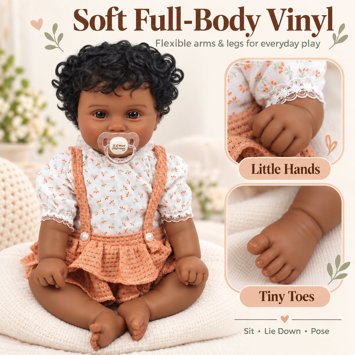 TOLIKE 20-Inch Reborn Baby Doll with Curly Hair & Peach Outfit