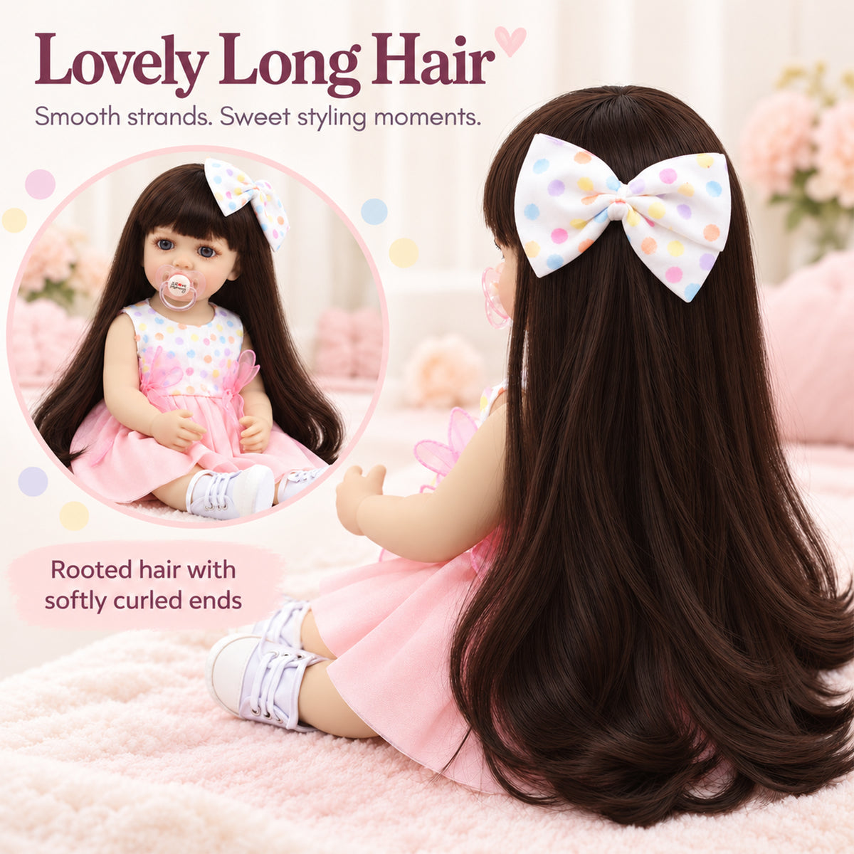 TOLIKE 22-Inch Reborn Girl Doll with Long Hair & Polka Dot Dress