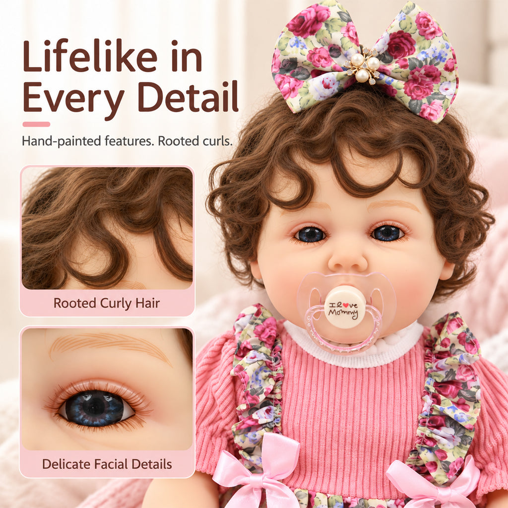 TOLIKE 22-Inch Reborn Baby Doll with Brown Curls & Floral Dress