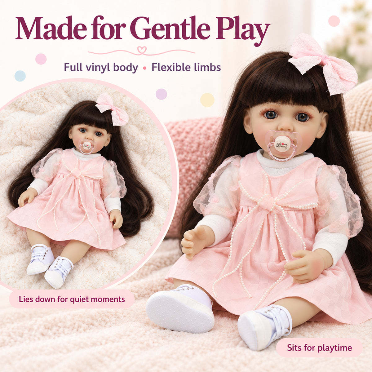 TOLIKE 22-Inch Reborn Girl Doll with Long Brown Hair & Pink Dress