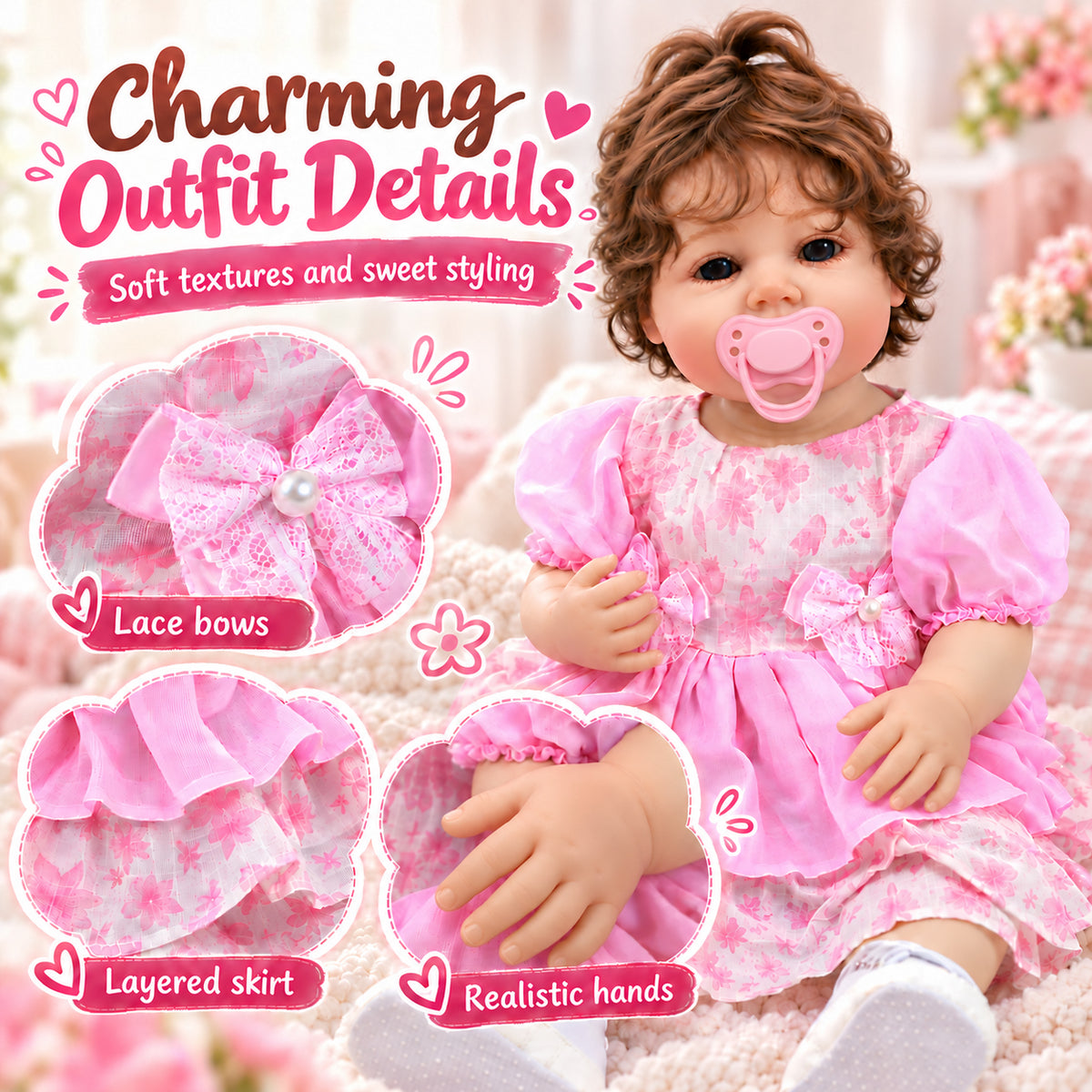 TOLIKE 22-Inch Reborn Baby Doll with Brown Curls & Pink Floral Dress