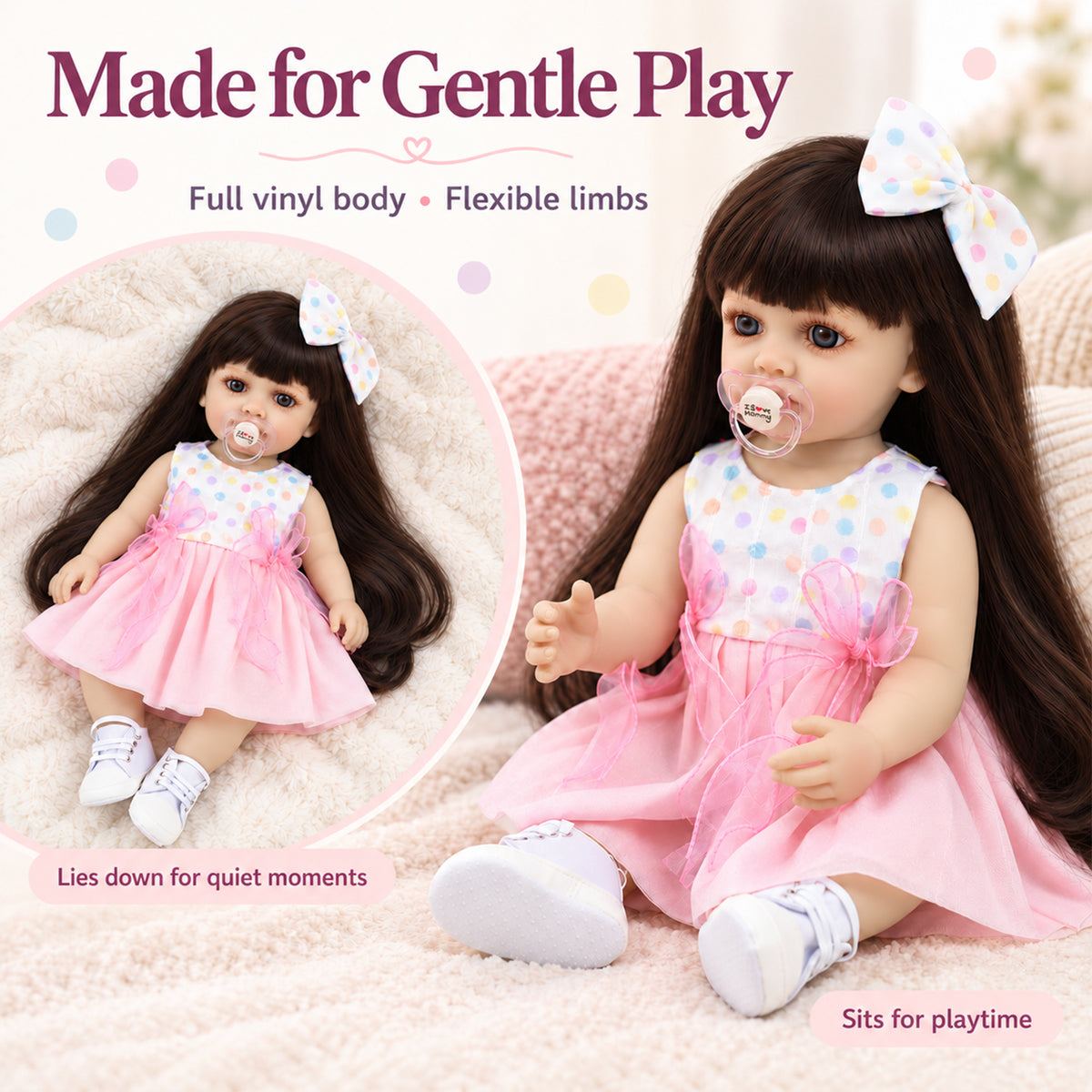 TOLIKE 22-Inch Reborn Girl Doll with Long Hair & Polka Dot Dress