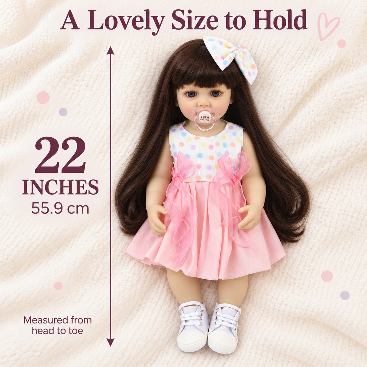TOLIKE 22-Inch Reborn Girl Doll with Long Hair & Polka Dot Dress