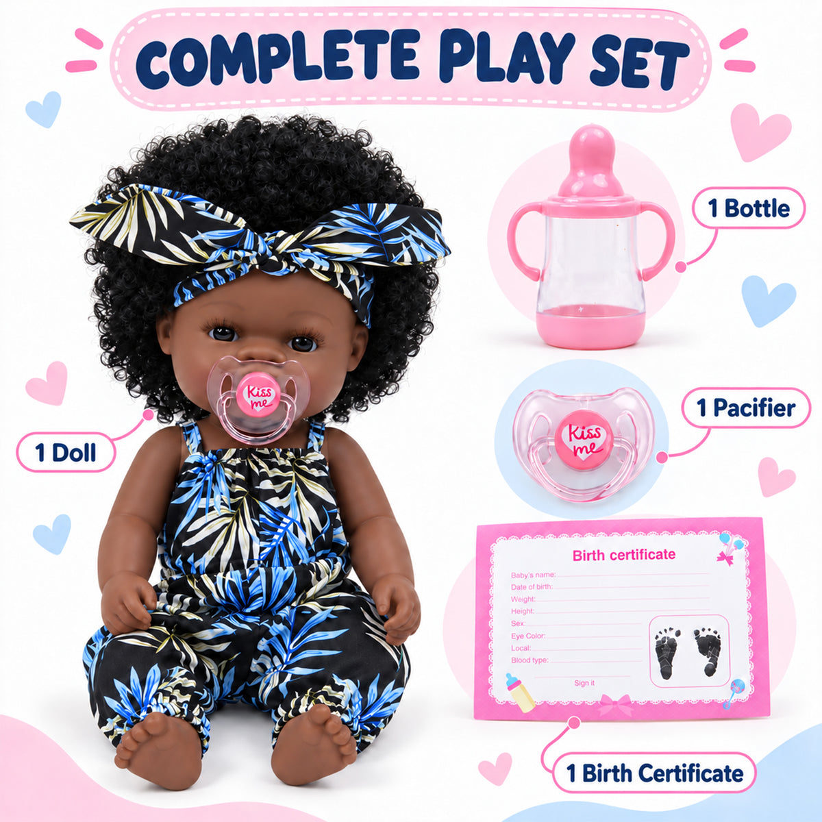 TOLIKE 14-Inch Curly Hair Baby Doll – Blue Leaf Outfit & Accessories