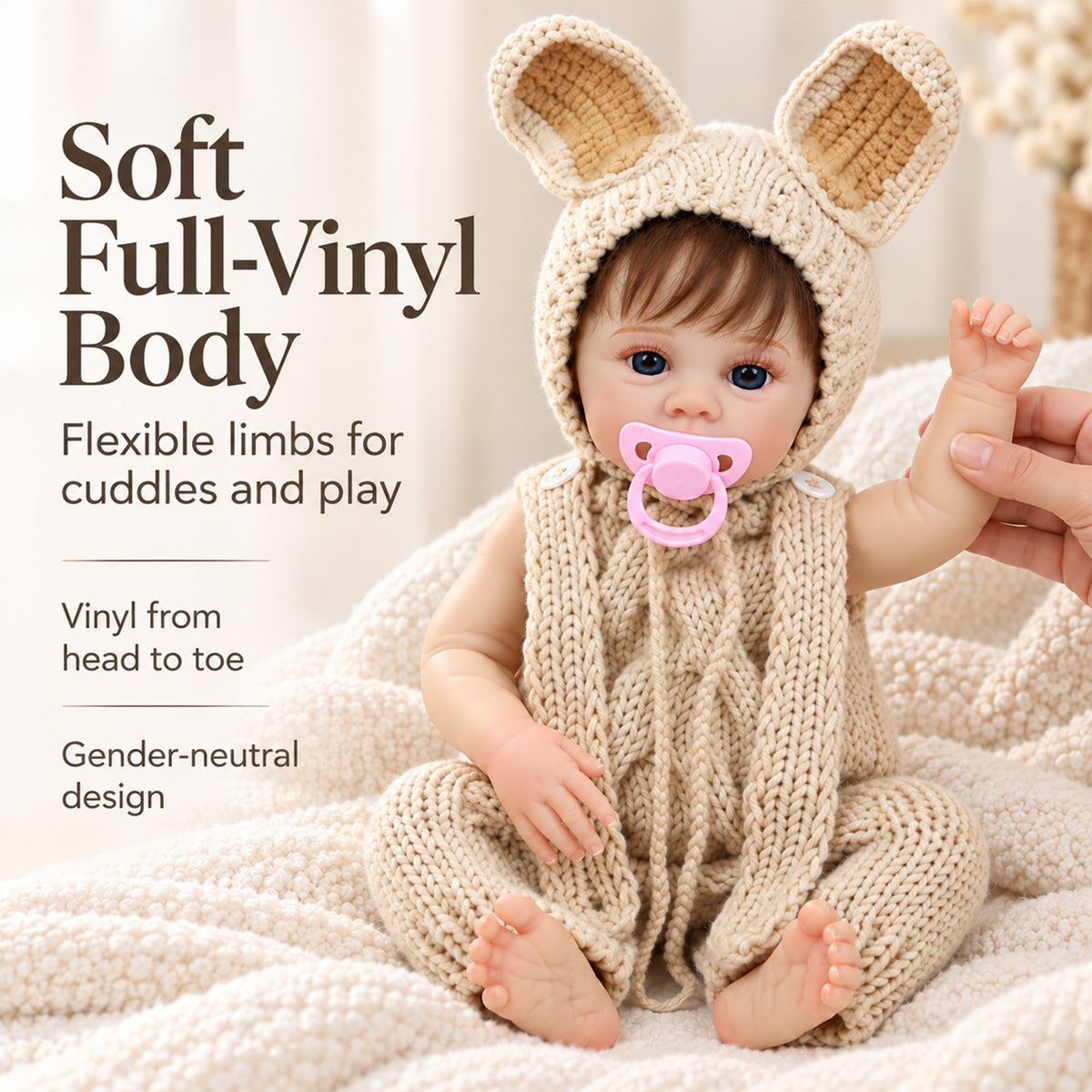 TOLIKE 18-Inch Reborn Baby Doll with Blue Eyes & Knit Bunny Outfit