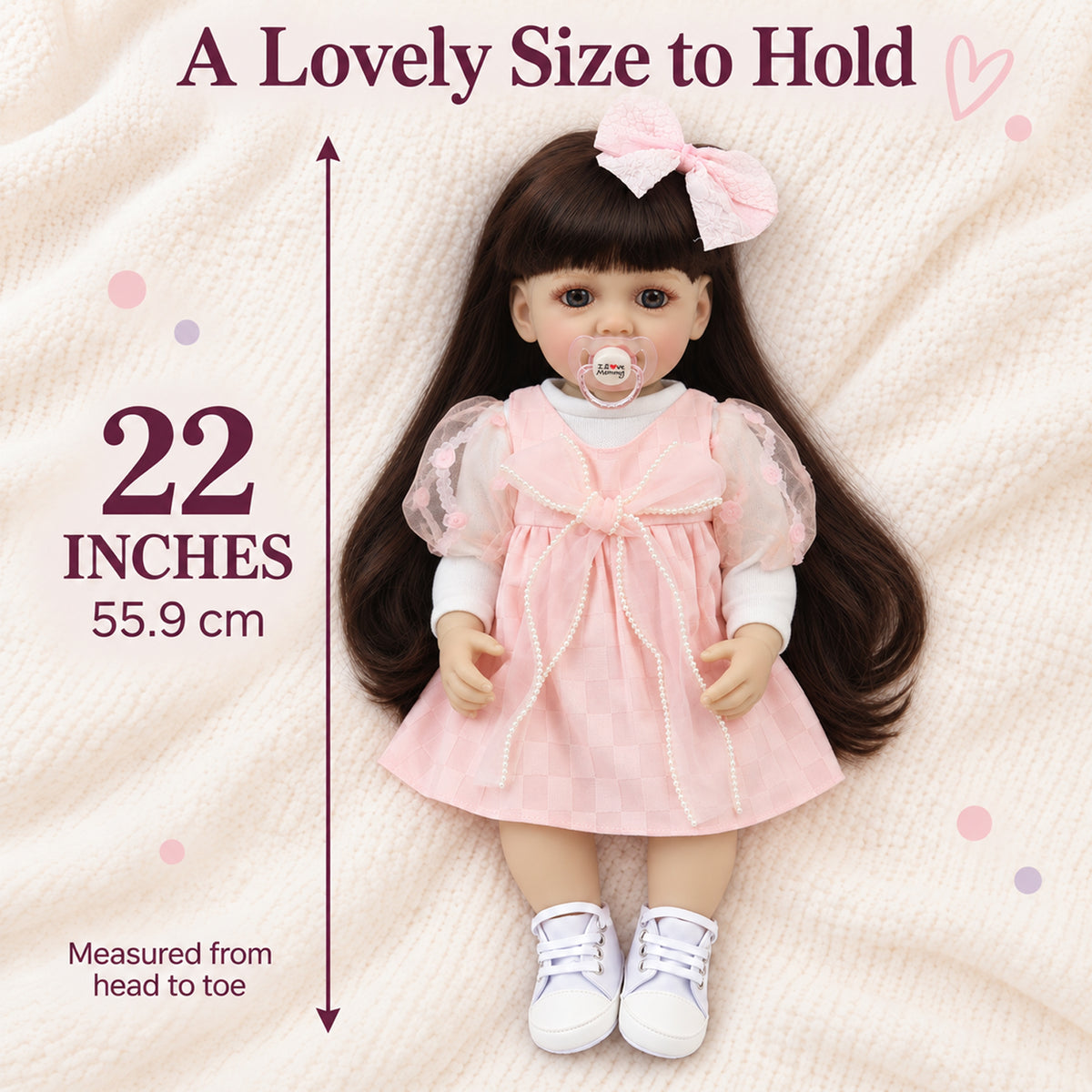 TOLIKE 22-Inch Reborn Girl Doll with Long Brown Hair & Pink Dress
