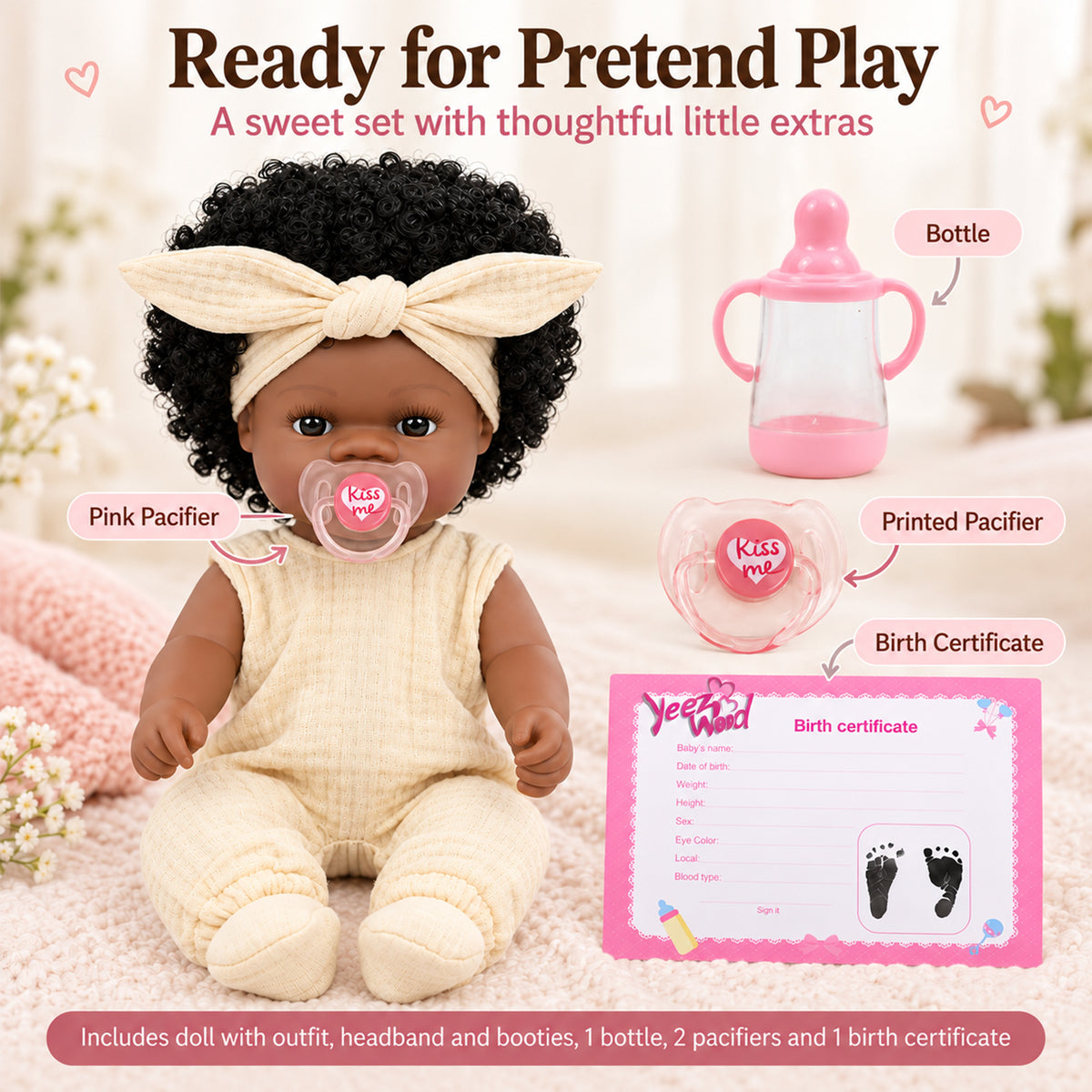 TOLIKE 14-Inch Reborn Baby Doll with Curly Hair & Accessories