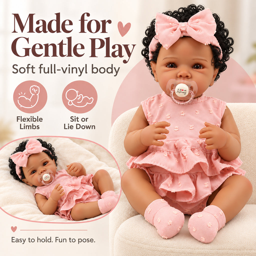 TOLIKE 18-Inch Curly-Hair Reborn Baby Doll in Pink Ruffle Outfit