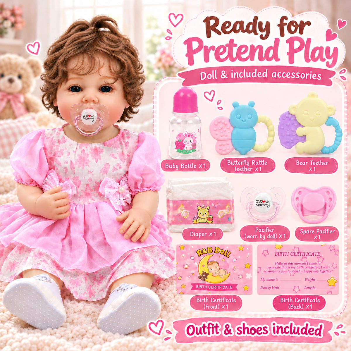 TOLIKE 22-Inch Reborn Baby Doll with Brown Curls & Pink Floral Dress