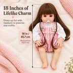 TOLIKE 18-Inch Long Brown Hair Reborn Baby Doll in Pink Plaid Outfit