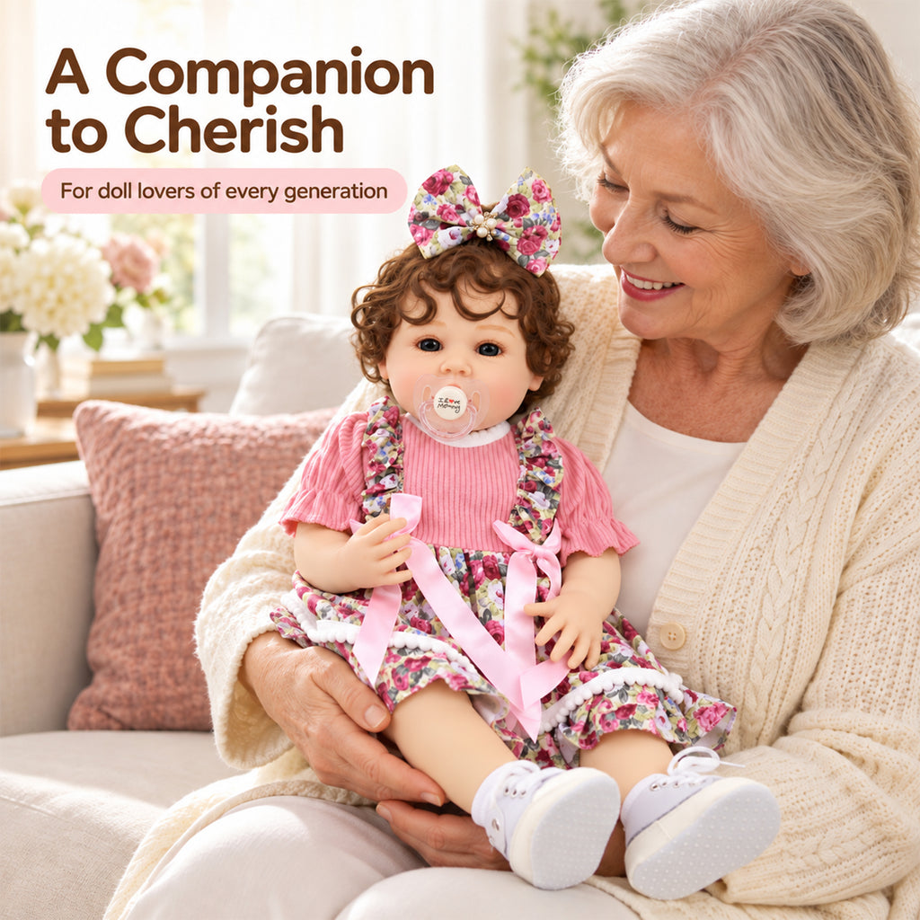 TOLIKE 22-Inch Reborn Baby Doll with Brown Curls & Floral Dress