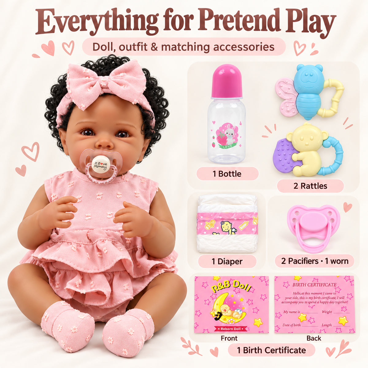 TOLIKE 18-Inch Curly-Hair Reborn Baby Doll in Pink Ruffle Outfit