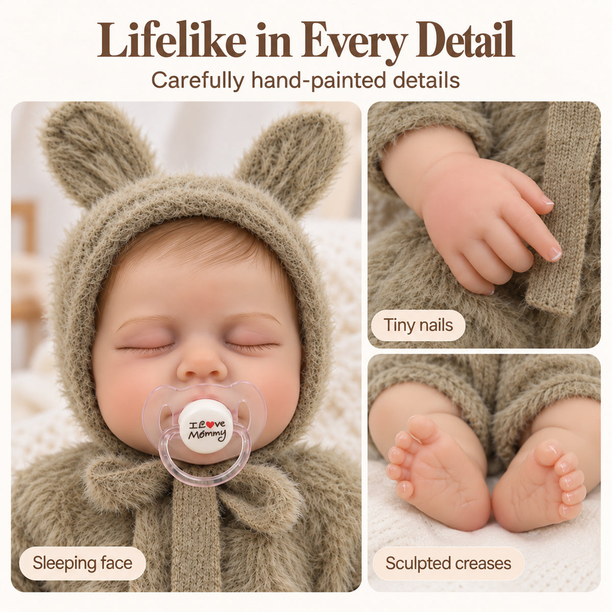 TOLIKE 18-Inch Sleeping Reborn Baby Doll in Fuzzy Knit Bunny Outfit