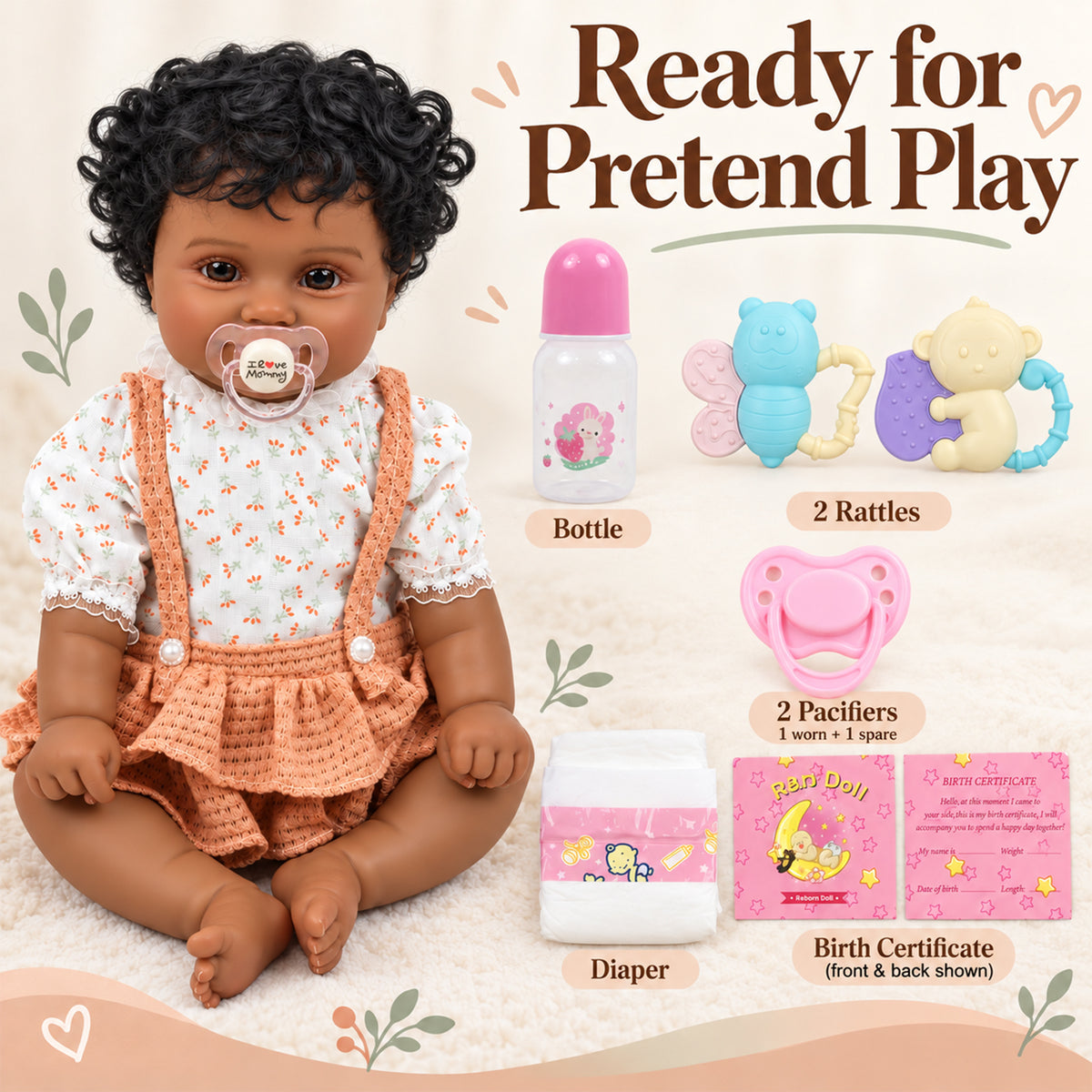 TOLIKE 20-Inch Reborn Baby Doll with Curly Hair & Peach Outfit