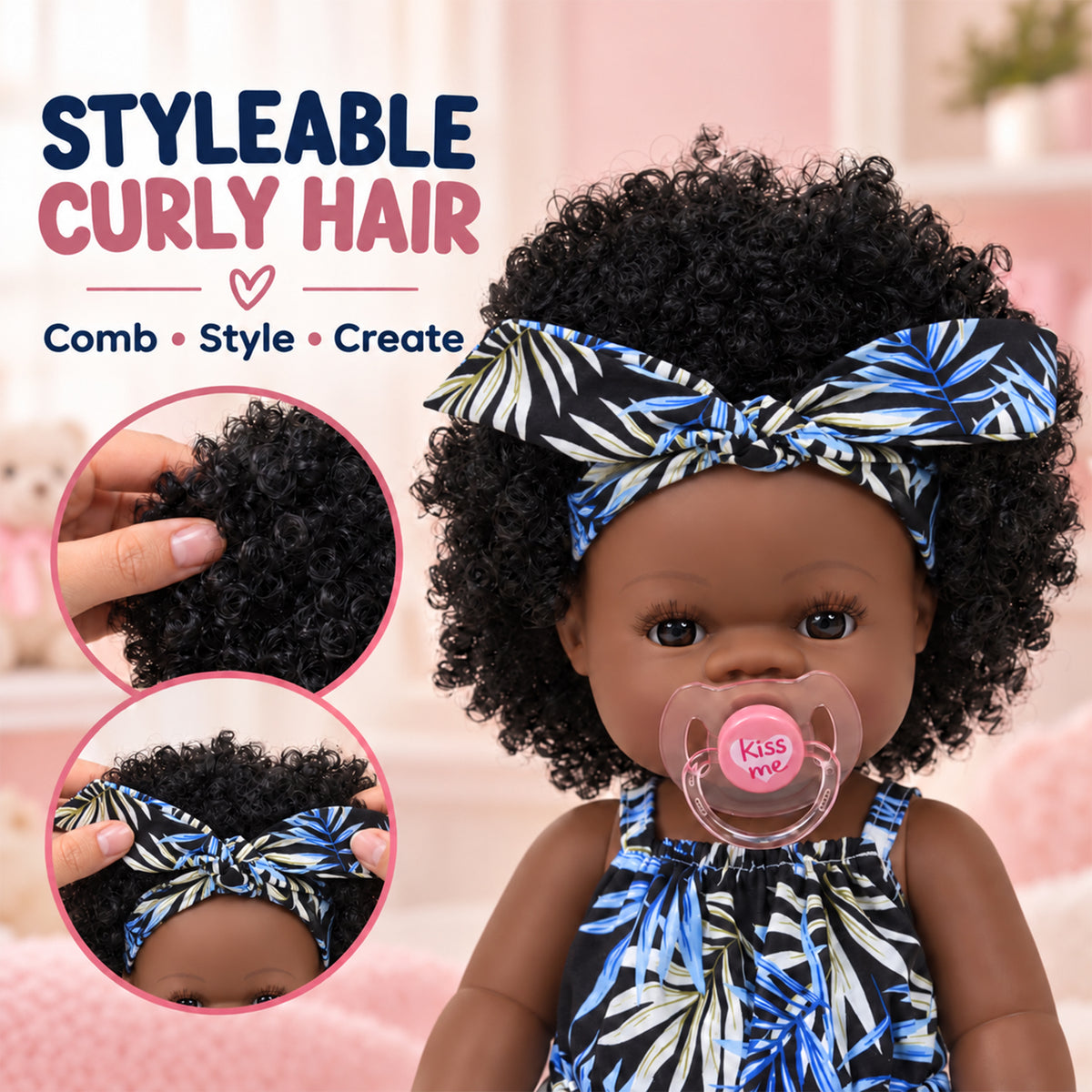 TOLIKE 14-Inch Curly Hair Baby Doll – Blue Leaf Outfit & Accessories