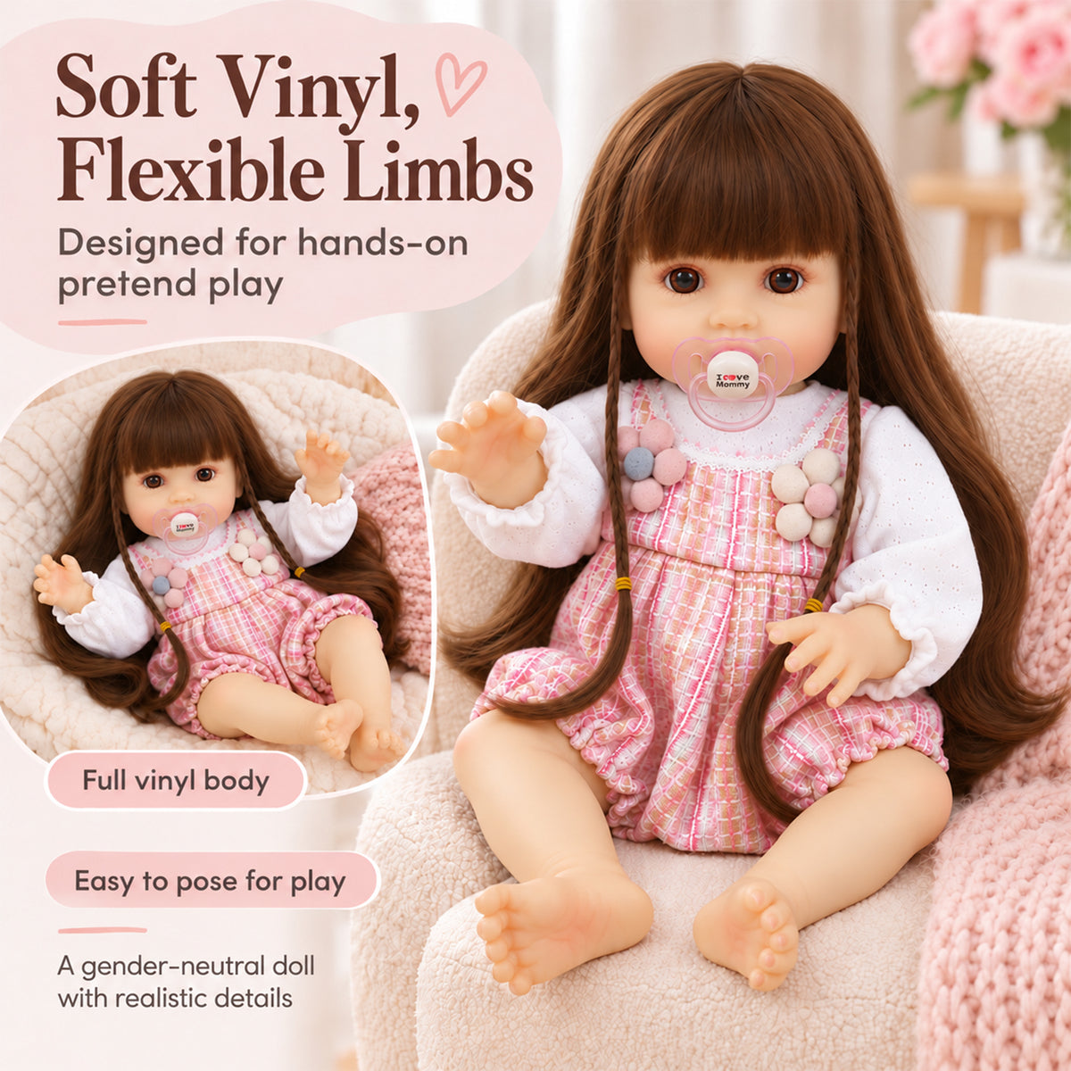 TOLIKE 18-Inch Long Brown Hair Reborn Baby Doll in Pink Plaid Outfit