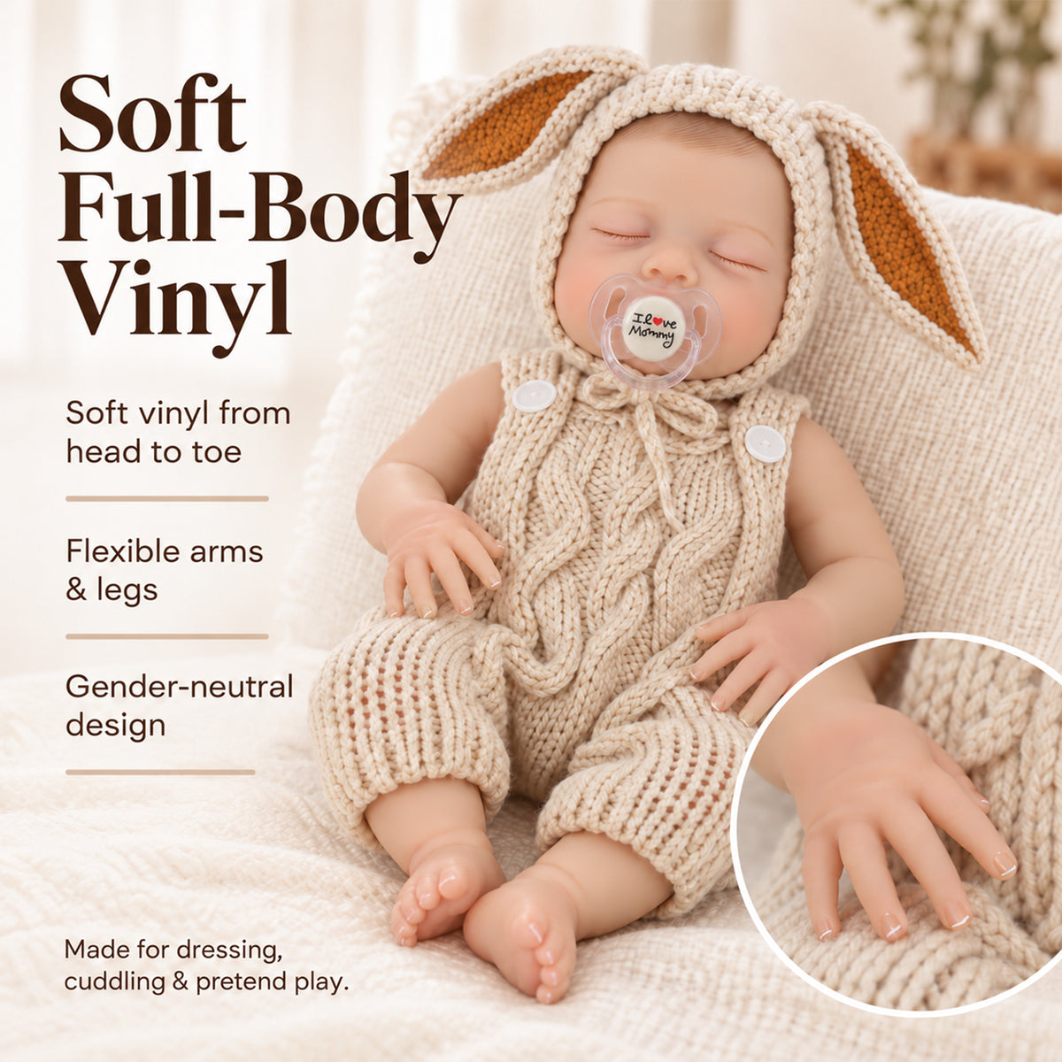 TOLIKE 18-Inch Sleeping Reborn Baby Doll in Floppy-Ear Bunny Outfit