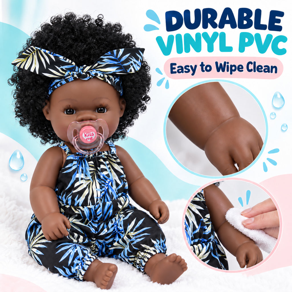 TOLIKE 14-Inch Curly Hair Baby Doll – Blue Leaf Outfit & Accessories