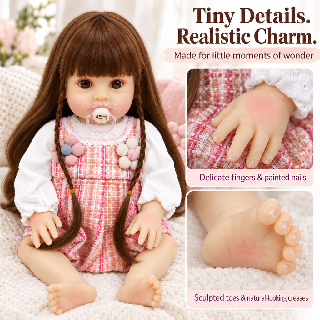 TOLIKE 18-Inch Long Brown Hair Reborn Baby Doll in Pink Plaid Outfit