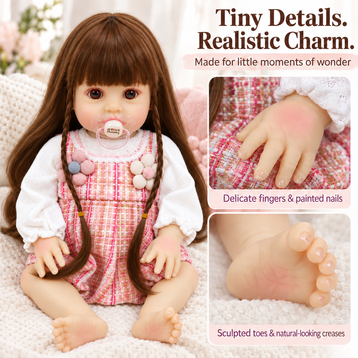 TOLIKE 18-Inch Long Brown Hair Reborn Baby Doll in Pink Plaid Outfit